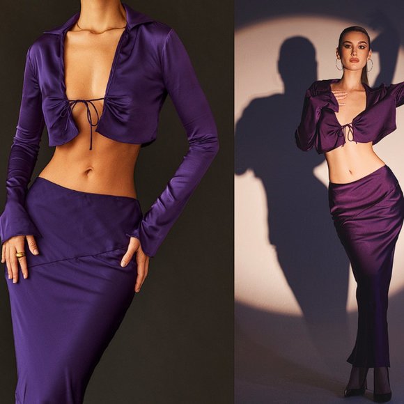 HOUSE OF CB 'Colette' Grape Satin Low Waist Midi Skirt - Picture 3 of 10